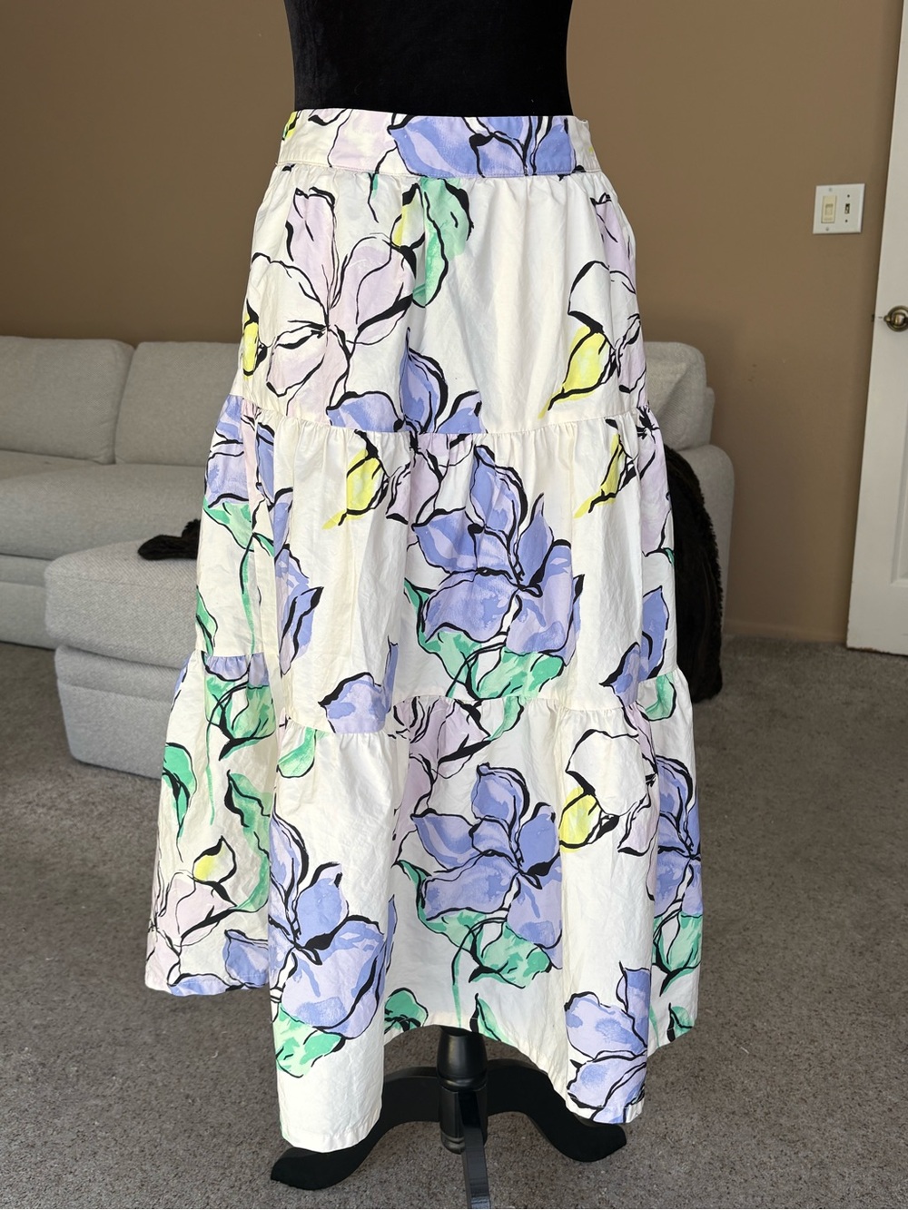 Floral Tiered Maxi Skirt - White with Lavender & Mint size medium